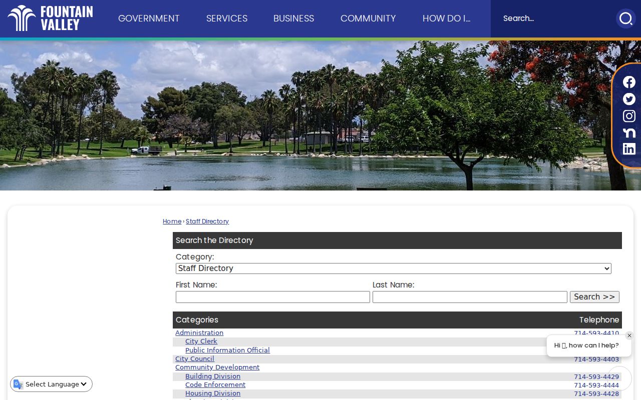 Fountain Valley people directories city staff directory search