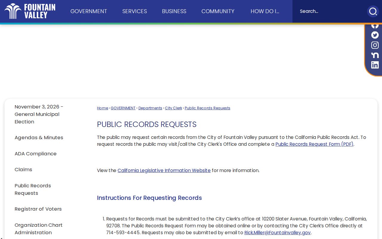 Fountain Valley public records request instructions
