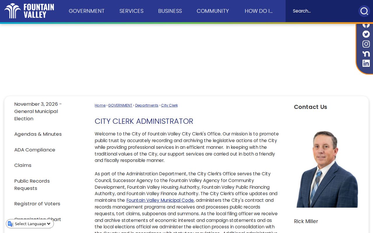 Fountain Valley public records City Clerk office page