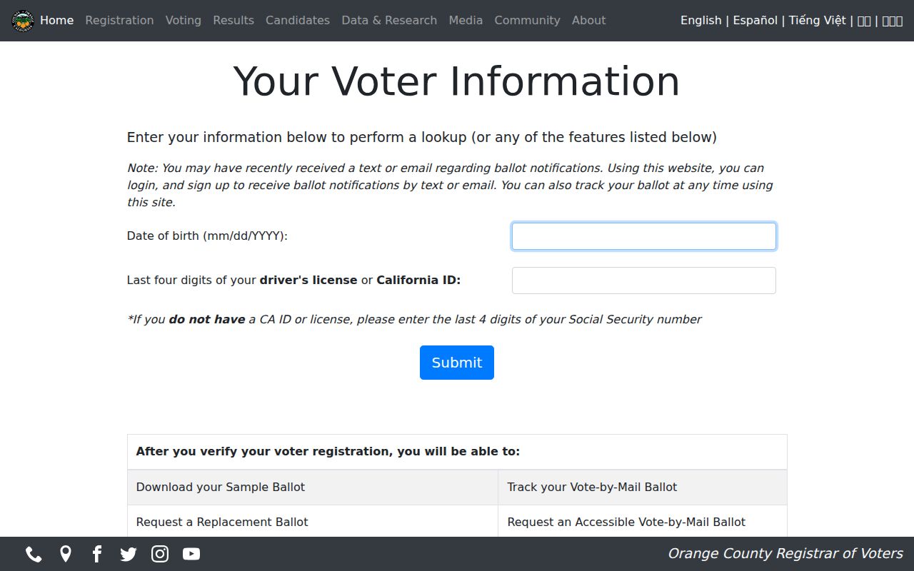 Fountain Valley voter registration lookup on Orange County Your Voter Information page