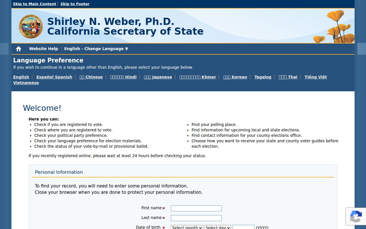 Fountain Valley voter registration status lookup through California My Voter Status