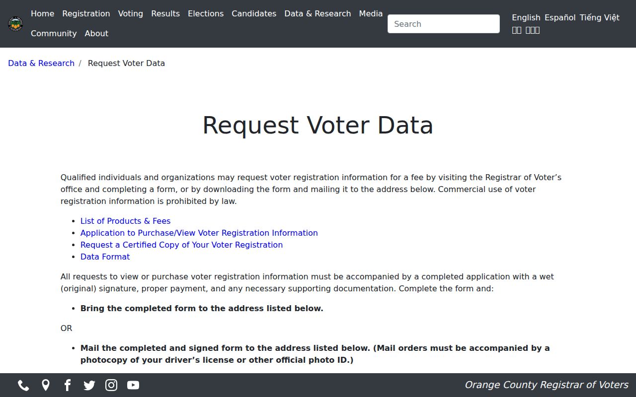 Fountain Valley voter registration data request page from Orange County Registrar