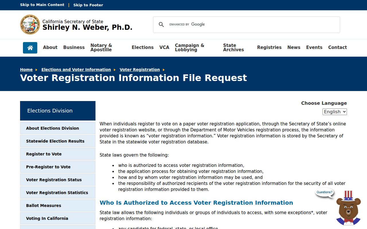 Fountain Valley voter registration file request through California Secretary of State
